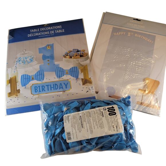 Blue 1st Birthday Party Kit - Backdrop, Table Decorations, 100 Balloons Set - Picture 7 of 16
